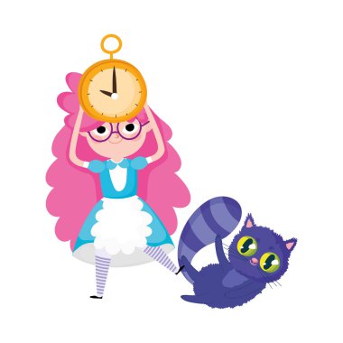 girl with cat in head and clock wonderland