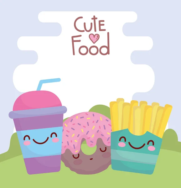 French fries donut and disposable cup menu character cartoon food cute — ストックベクタ