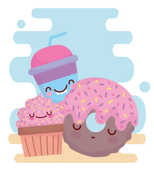 Donut cupcake and cup menu character cartoon food cute — 图库矢量图片