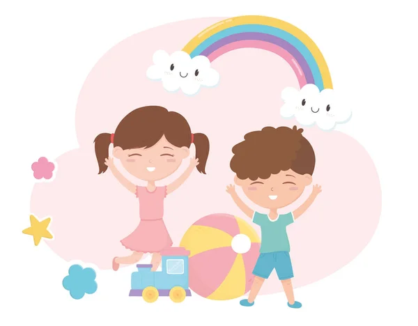 Детская зона, милый маленький мальчик и девочка поезд мяч звезды мультяшные игрушки — стоковый вектор