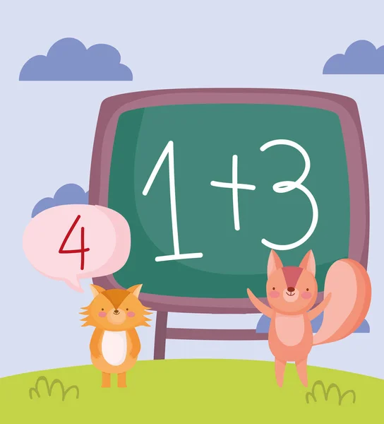 Back to school, cute fox and squirrel maths example chalkboard — 스톡 벡터