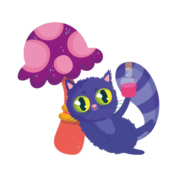 Wonderland, cat with elixir bottle mushroom foliage cartoon — 스톡 벡터