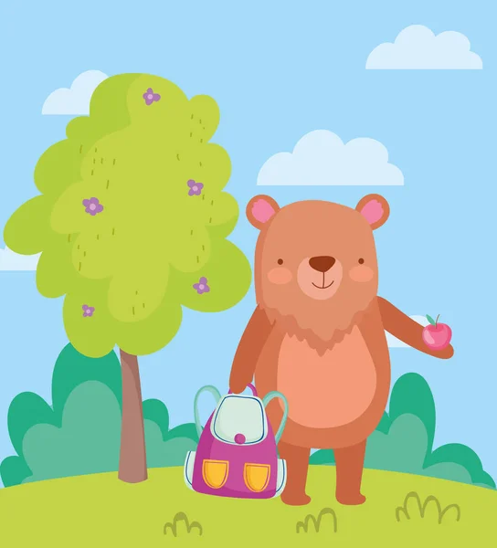 Retour à l'école, ours avec sac à dos et pomme — Image vectorielle