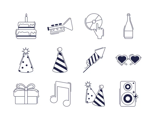 Happy birthday, decoration event festive celebration party icon set line style — 图库矢量图片