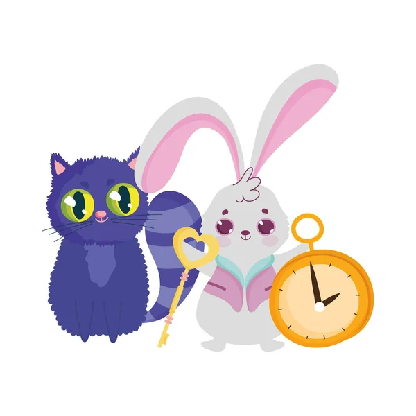 País das maravilhas, gato e coelho personagens de desenhos animados relógio chave —  Vetores de Stock