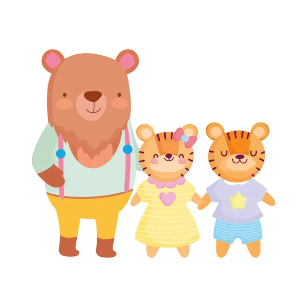 Back to school, bear and tiger kids cartoon with clothes — 스톡 벡터