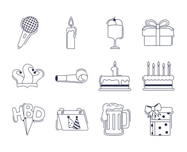 happy birthday, decoration event festive celebration party icon set line style