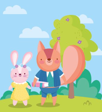 Okula dönüyorum, sevimli tavşan ve açık havada kitap okuyan sincap.