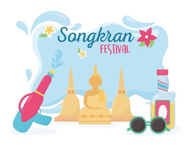Songkran festivali Buddha su tabancası şişesi güneş gözlüğü kutlaması