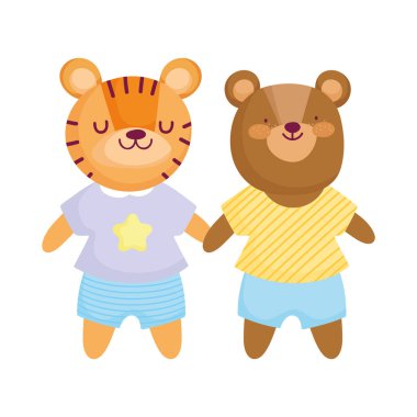 Giysileri olan sevimli ayı ve kaplan çizgi film karakteri.