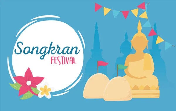 Songkran festival culture thailand buddha temple bunting flowers — Διανυσματικό Αρχείο