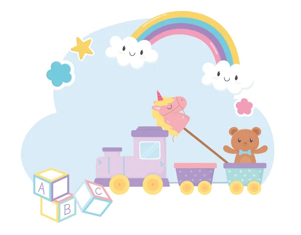 Kids zone, train alphabet blocks teddy bear unicorn toys — Stok Vektör