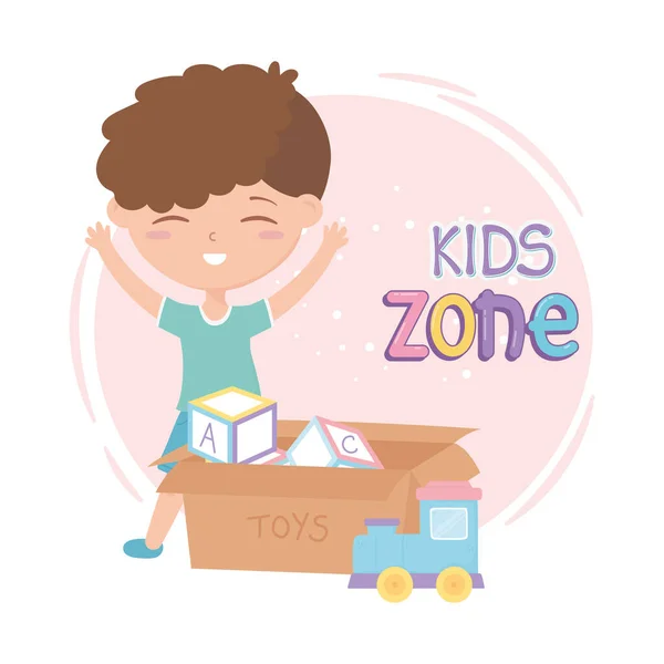 Kids zone, cute little boy with filled box toys — Stock vektor