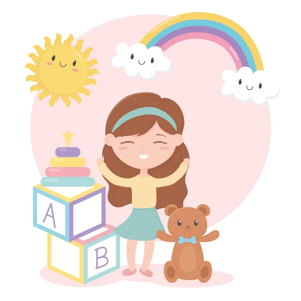 Zona de los niños, niña bloques alfabeto oso de peluche y apilamiento de juguetes torre — Vector de stock
