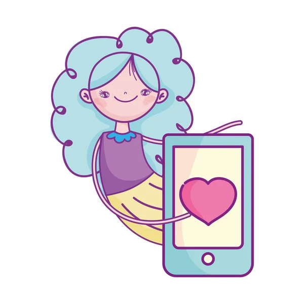 Feliz día de San Valentín, linda chica con el amor teléfono inteligente romántico — Vector de stock