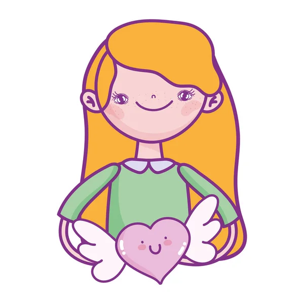 Happy valentines day, girl holding heart with wings love romantic cartoon — Wektor stockowy