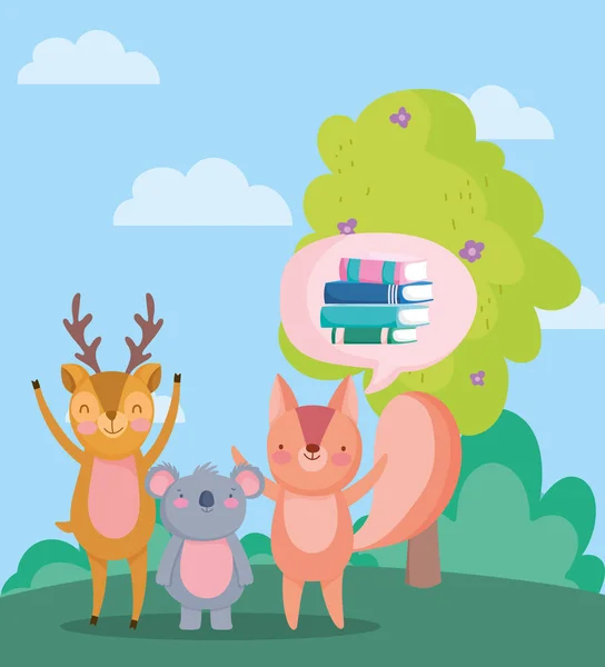 Back to school, squirrel koala deer books bubble tree outdoor cartoon — 图库矢量图片