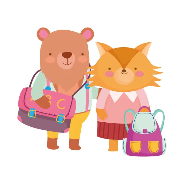 Volver a la escuela, zorro y oso con ropa y mochilas — Vector de stock
