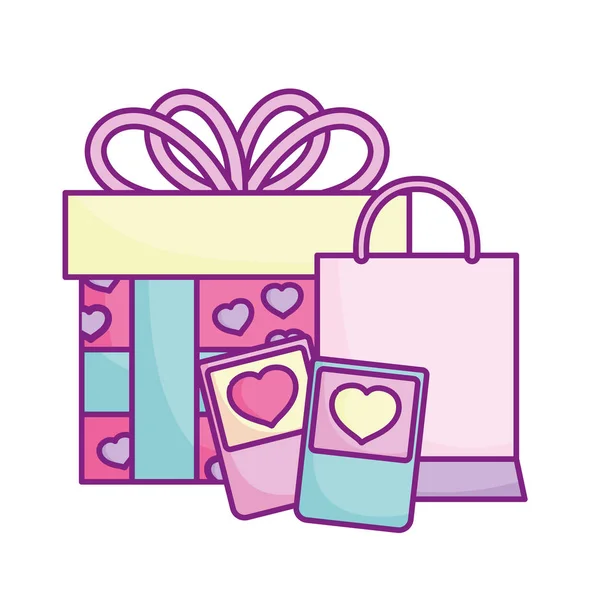 Feliz día de San Valentín, smartphone bolsa de compras y regalo celebración amor — Archivo Imágenes Vectoriales