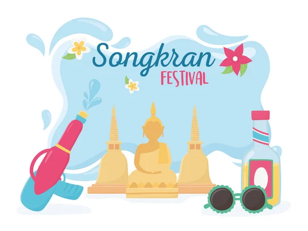 Songkran festival buddha vatten pistol flaska solglasögon firande — Stock vektor