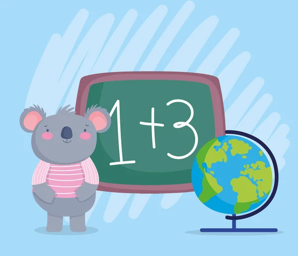 Back to school, cute koala with chalkboard globe map cartoon — 스톡 벡터