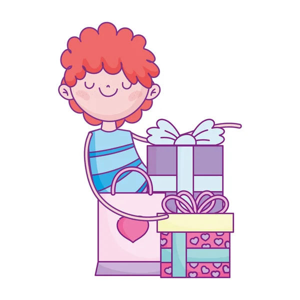 Happy valentines day, boy with gifts and shopping bag cartoon — 图库矢量图片