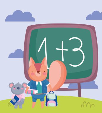 Okula geri dön, sincap koala karatahta çantası ve kitap.