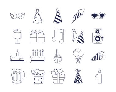 happy birthday, decoration event festive celebration party icon set line style