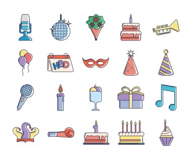 happy birthday, decoration event festive celebration party icon set line and fill style
