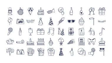 happy birthday, decoration event festive celebration party icon set line style
