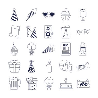 happy birthday, decoration event festive celebration party icon set line style