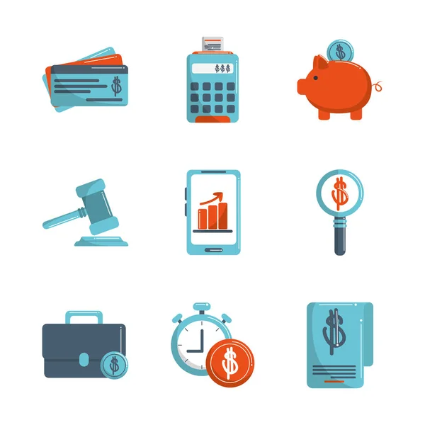 Money business financial trade commerce icons set color tone and fill — Stockvector