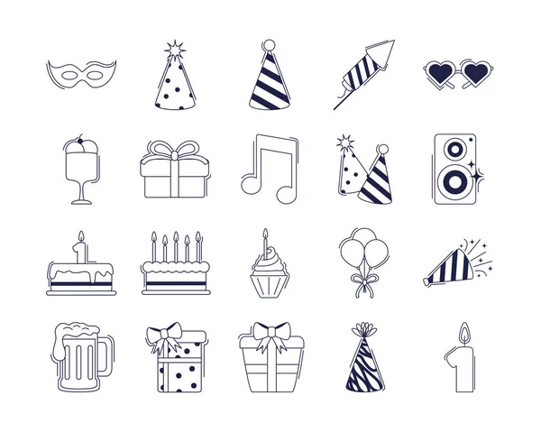 Happy birthday, decoration event festive celebration party icon set line style — 图库矢量图片