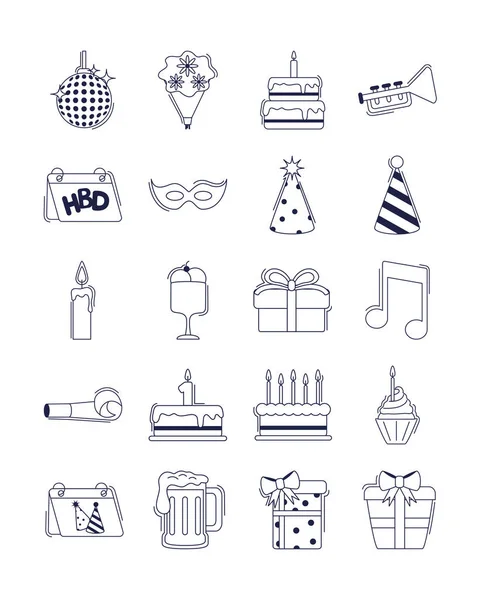 Happy birthday, decoration event festive celebration party icon set line style — Stock Vector
