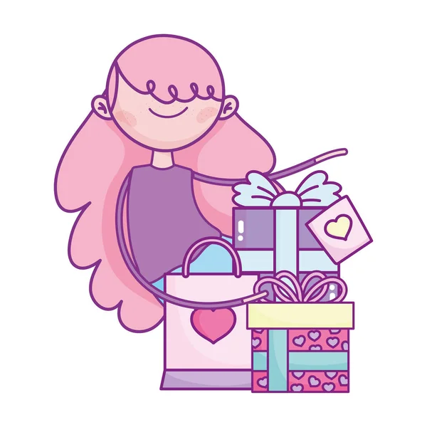 Feliz día de San Valentín, chica con regalos y la celebración de la bolsa de compras — Vector de stock