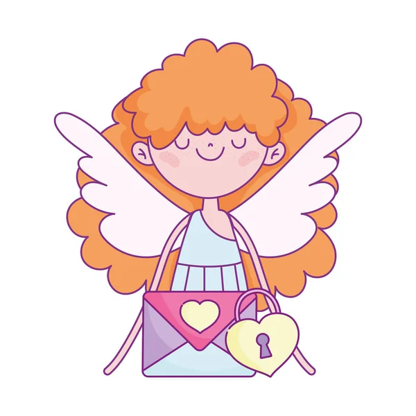 Happy valentines day, cute cupid with envelope message padlock — Stok Vektör