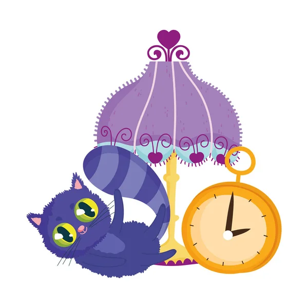 País das maravilhas, personagem de desenho animado do relógio da lâmpada do gato —  Vetores de Stock