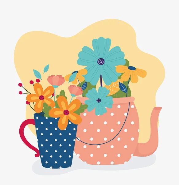 你好，春天茶壶和花瓶与花卉自然装饰 — 图库矢量图片