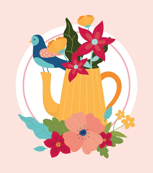Bonjour printemps bleu oiseau théière avec fleurs décoration feuillage — Image vectorielle
