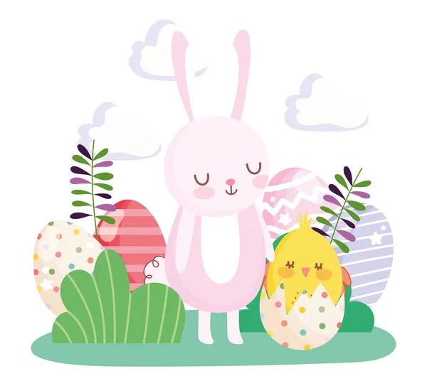 Счастливый пасхальный кролик и курица в яичной скорлупе яйца цветы листья праздник — стоковый вектор