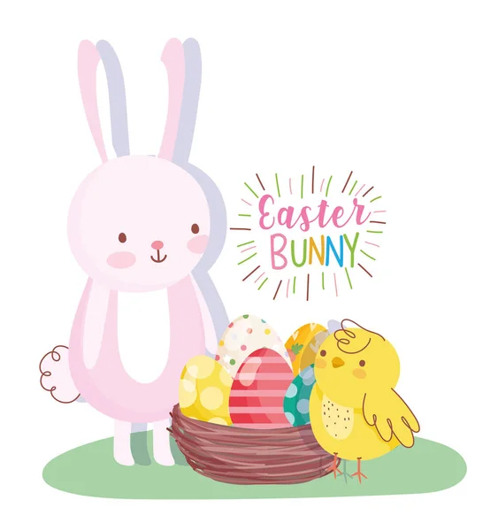 Feliz conejo de Pascua y pollo con decoración de huevos de cesta — Vector de stock