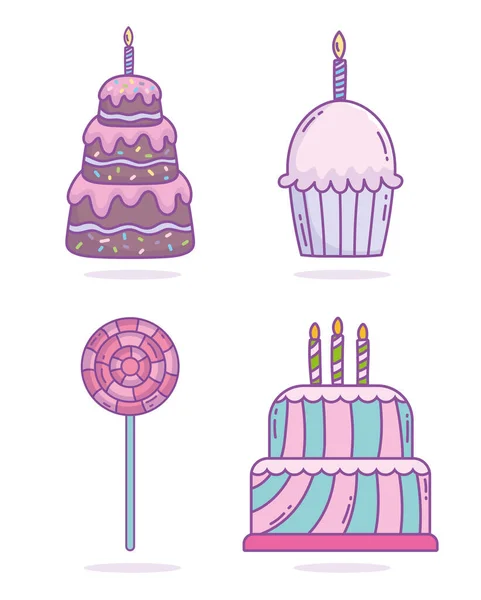 Happy birthday cakes cupcake candles candy in stick celebration party — Stock Vector