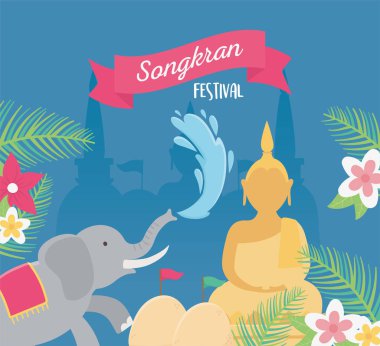 Songkran Festivali fili Buddha Su Çiçekleri Dekorasyon Kartı