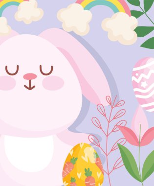 Yumurta boyalı havuç çiçekli mutlu paskalya tavşanı çizgi film yaprakları