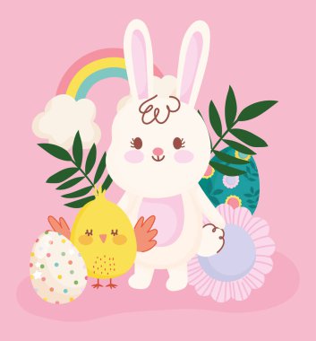 Mutlu Paskalya tatlı tavşanı ve tavuk yumurtası gökkuşağı süslemesi