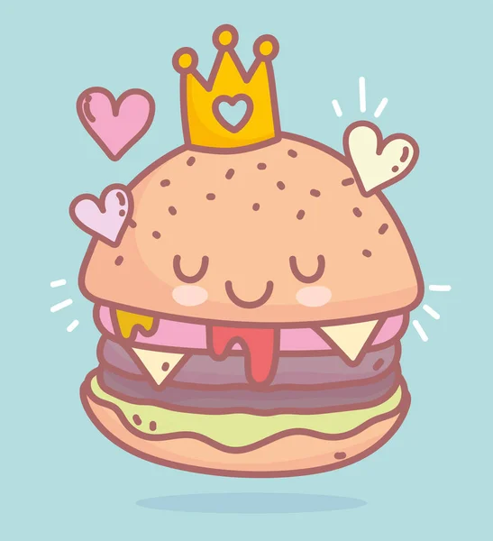 Hamburguesa con el carácter de la corona menú restaurante comida de dibujos animados lindo — Vector de stock