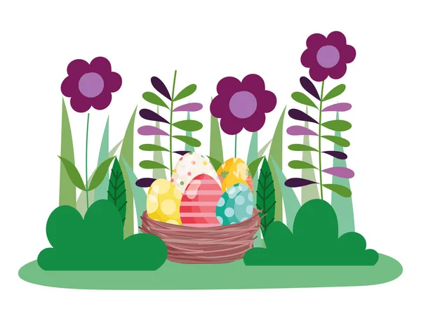Frohe Ostern Schnurrbart Korb mit dekorierten Eiern auf Gras mit Blumen — Stockvektor