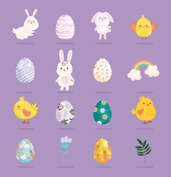 Šťastné velikonoce roztomilí králíci kuřata duha vejce květinové ikony — Stockový vektor