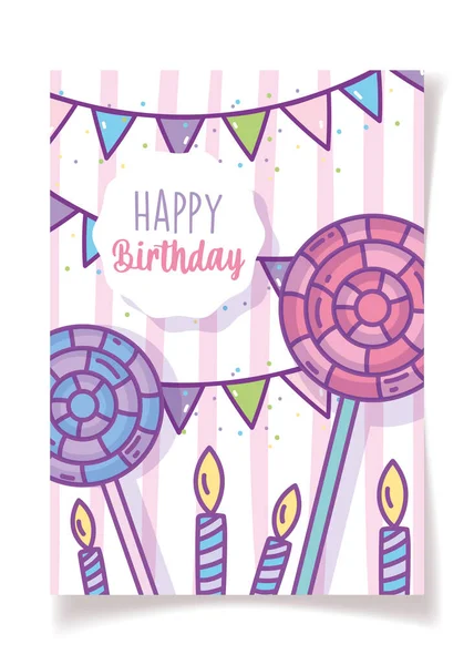 Happy birthday candies in stick and candles celebration party — Stock Vector