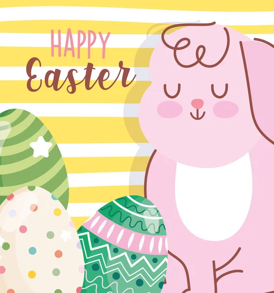 Feliz Páscoa bonito coelho e ovos decorativos listras amarelas fundo — Vetor de Stock